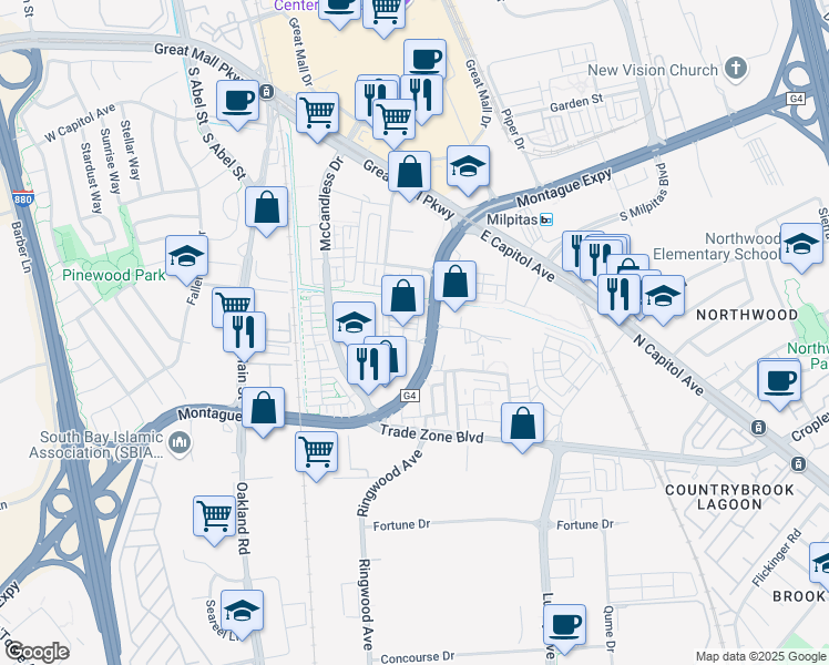 map of restaurants, bars, coffee shops, grocery stores, and more near 361 Montague Expressway in Milpitas