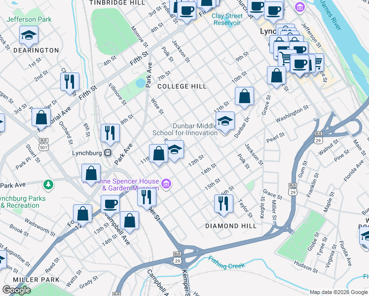 map of restaurants, bars, coffee shops, grocery stores, and more near 1119 Wise Street in Lynchburg