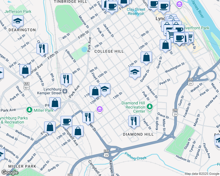 map of restaurants, bars, coffee shops, grocery stores, and more near 1119 Wise Street in Lynchburg