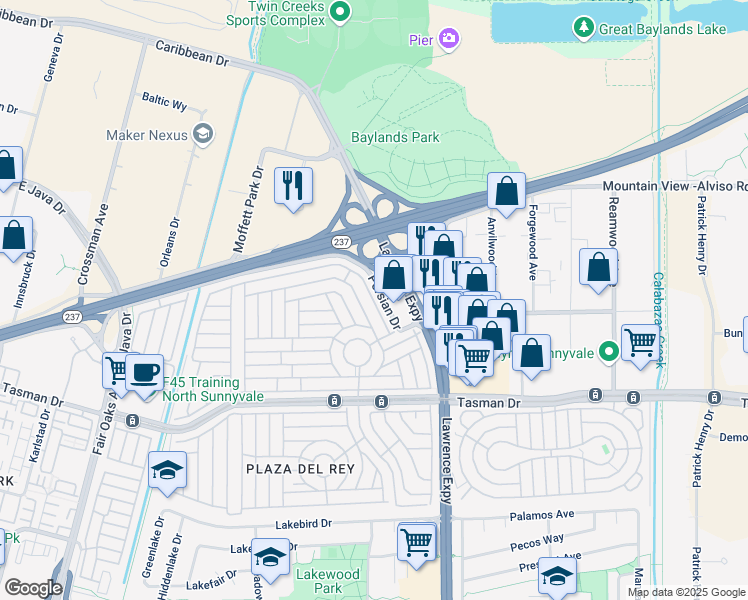 map of restaurants, bars, coffee shops, grocery stores, and more near 1085 Tasman Drive in Sunnyvale