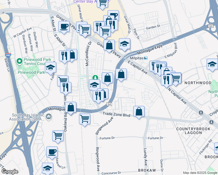 map of restaurants, bars, coffee shops, grocery stores, and more near 225 Houret Drive in Milpitas