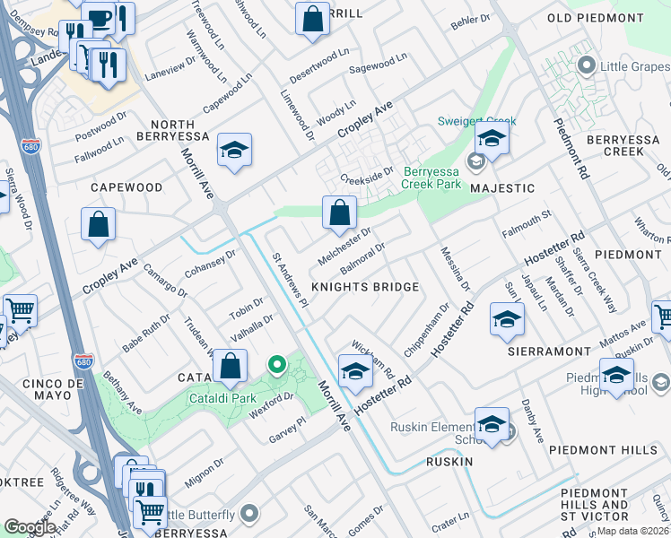 map of restaurants, bars, coffee shops, grocery stores, and more near 3053 Balmoral Drive in San Jose