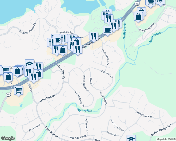 map of restaurants, bars, coffee shops, grocery stores, and more near 6800 Sika Lane in Midlothian