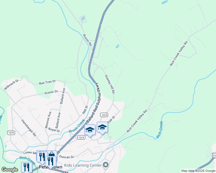map of restaurants, bars, coffee shops, grocery stores, and more near 154 Stanley Hill Road in Peterstown