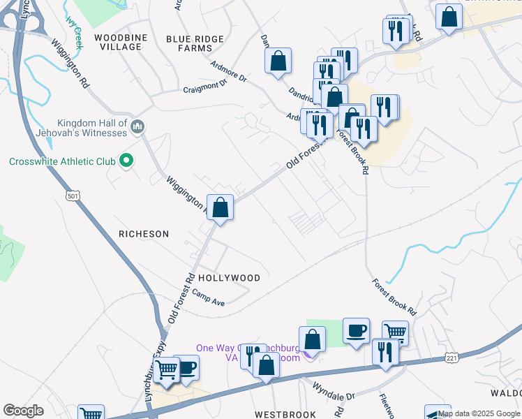 map of restaurants, bars, coffee shops, grocery stores, and more near 103 Primrose Lane in Lynchburg