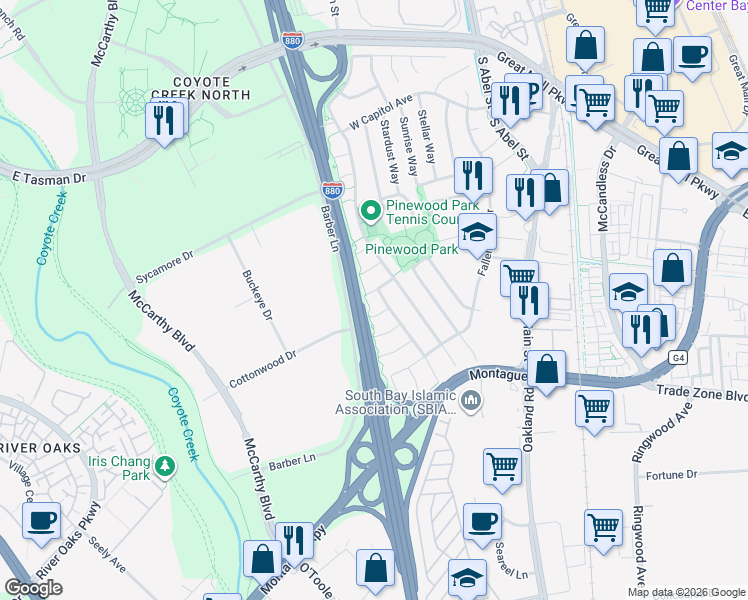 map of restaurants, bars, coffee shops, grocery stores, and more near 400 Timber Way in Milpitas