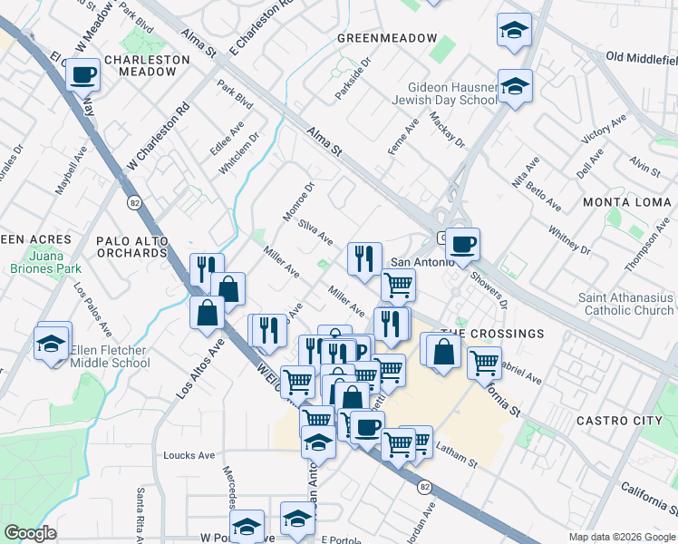 map of restaurants, bars, coffee shops, grocery stores, and more near 2685 California Street in Mountain View