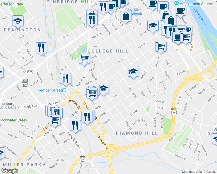 map of restaurants, bars, coffee shops, grocery stores, and more near 1119 Wise Street in Lynchburg