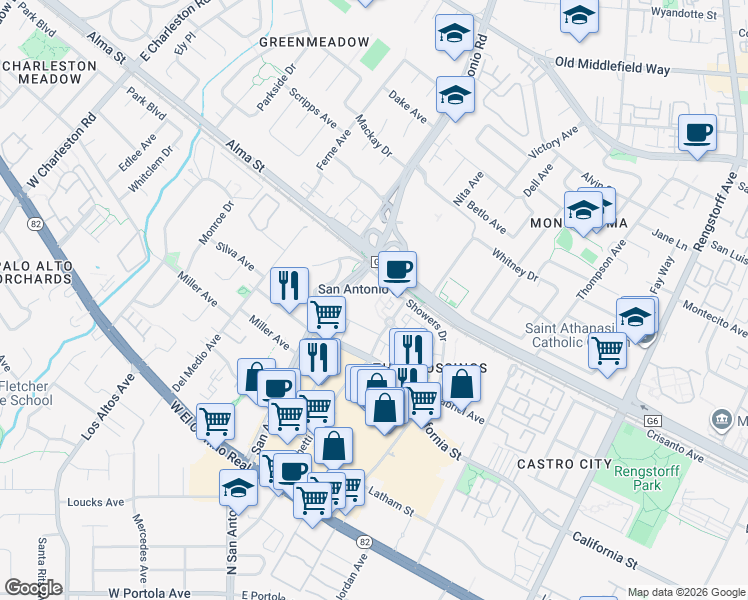 map of restaurants, bars, coffee shops, grocery stores, and more near 2255 Showers Drive in Mountain View