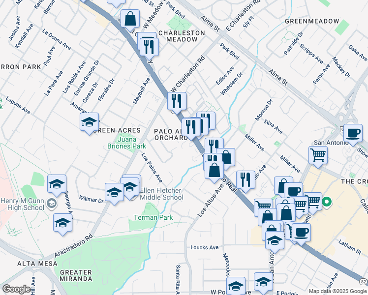 map of restaurants, bars, coffee shops, grocery stores, and more near 4250 El Camino Real in Palo Alto