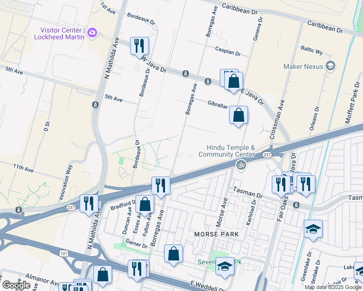 map of restaurants, bars, coffee shops, grocery stores, and more near 1190 Borregas Ave in Sunnyvale
