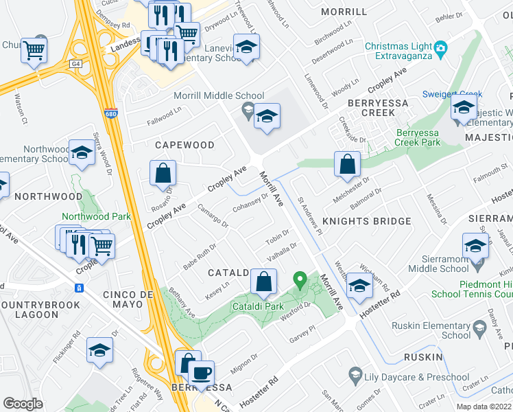 map of restaurants, bars, coffee shops, grocery stores, and more near 2974 Cohansey Drive in San Jose