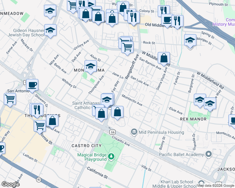 map of restaurants, bars, coffee shops, grocery stores, and more near 290 North Rengstorff Avenue in Mountain View