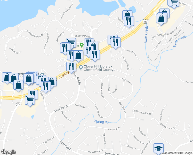 map of restaurants, bars, coffee shops, grocery stores, and more near 7413 Velvet Antler Drive in Midlothian
