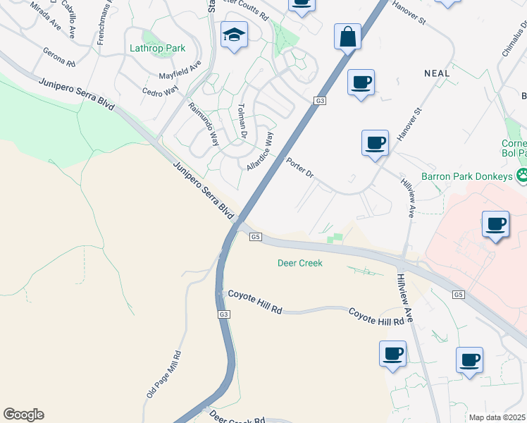 map of restaurants, bars, coffee shops, grocery stores, and more near 1801 Page Mill Rd in Palo Alto