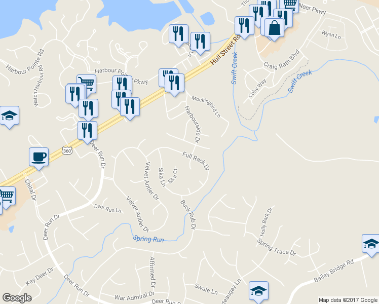 map of restaurants, bars, coffee shops, grocery stores, and more near 7200 Full Rack Drive in Midlothian