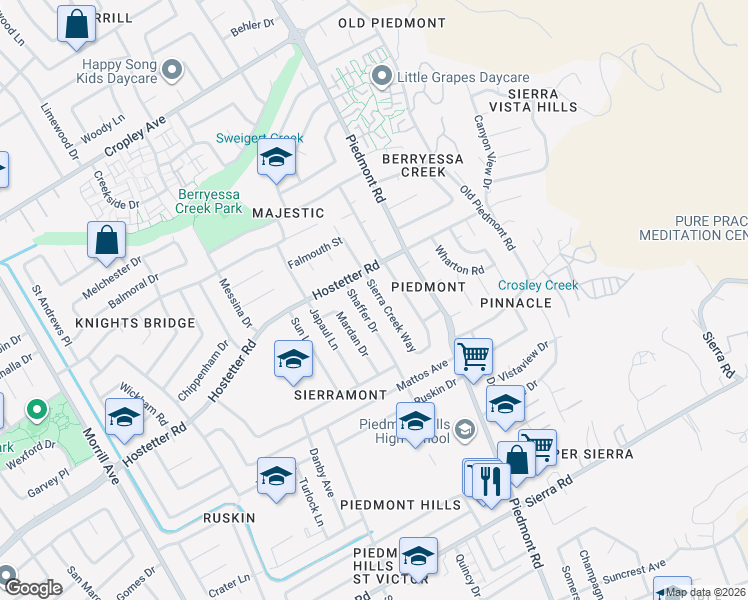 map of restaurants, bars, coffee shops, grocery stores, and more near 1476 Sierra Creek Way in San Jose