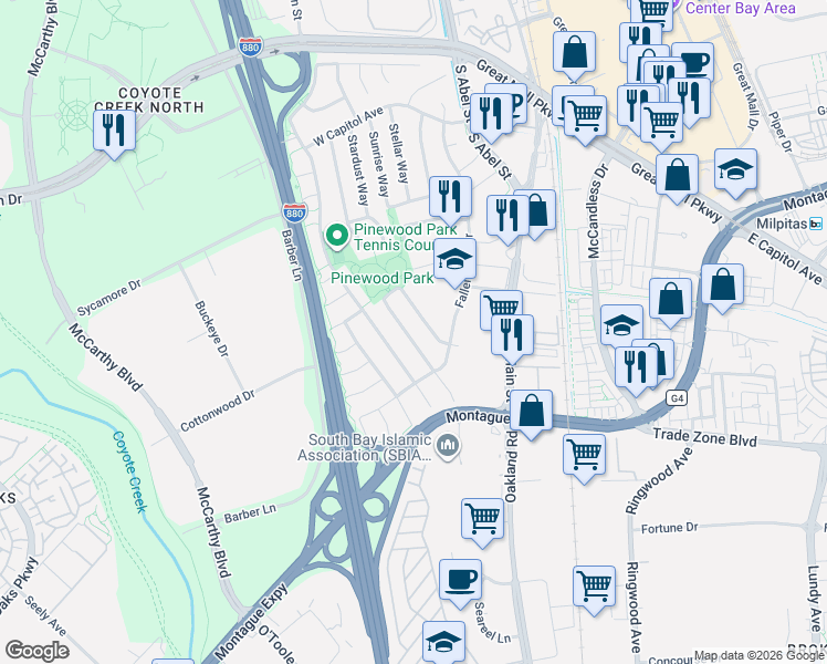 map of restaurants, bars, coffee shops, grocery stores, and more near 1644 Pinewood Way in Milpitas