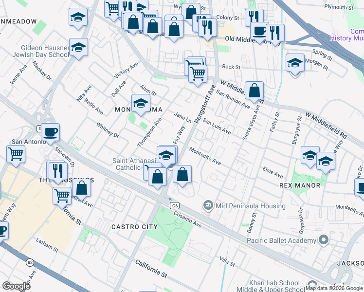 map of restaurants, bars, coffee shops, grocery stores, and more near 290 North Rengstorff Avenue in Mountain View