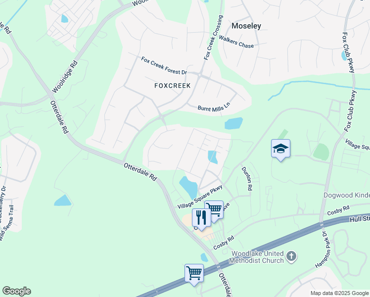 map of restaurants, bars, coffee shops, grocery stores, and more near 7201 Otterdale Road in Moseley