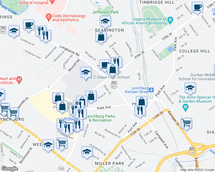 map of restaurants, bars, coffee shops, grocery stores, and more near 508a Stuart Street in Lynchburg