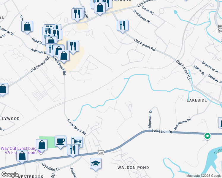 map of restaurants, bars, coffee shops, grocery stores, and more near 204 Bonterra Place in Lynchburg