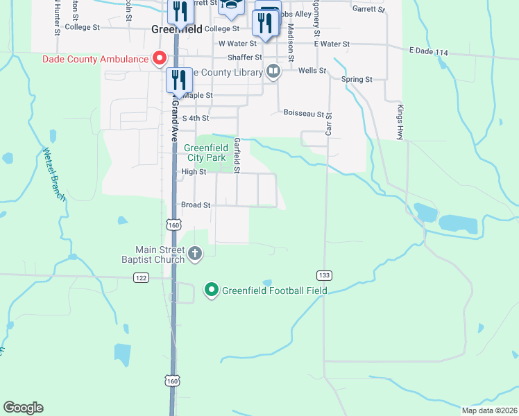 map of restaurants, bars, coffee shops, grocery stores, and more near Broad St in Greenfield
