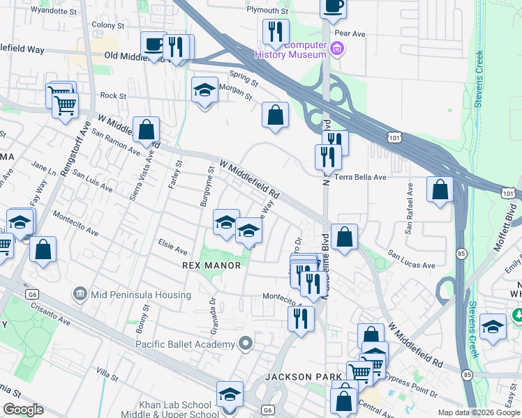 map of restaurants, bars, coffee shops, grocery stores, and more near 980 San Pierre Way in Mountain View