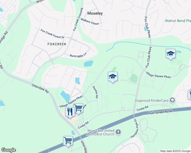 map of restaurants, bars, coffee shops, grocery stores, and more near 15801 Hallowell Ridge in Moseley