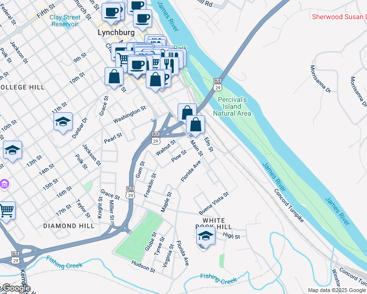 map of restaurants, bars, coffee shops, grocery stores, and more near 1716 Church Street in Lynchburg