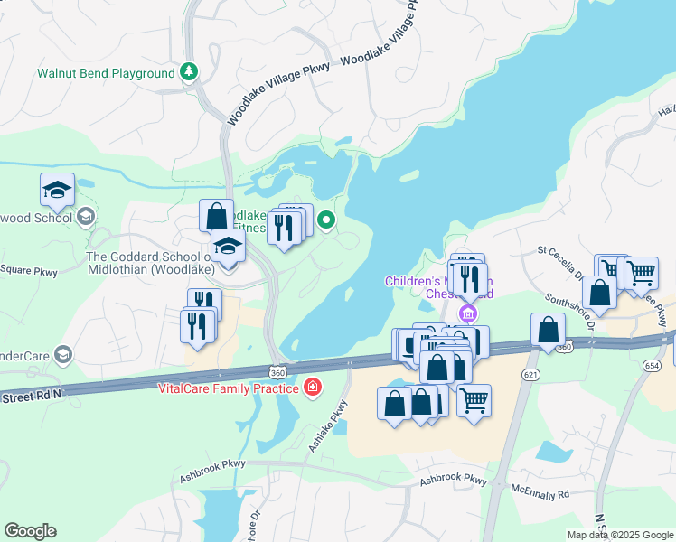 map of restaurants, bars, coffee shops, grocery stores, and more near 220 Water Pointe Court in Midlothian