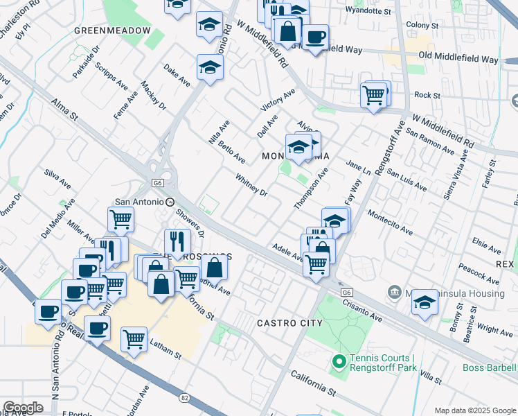 map of restaurants, bars, coffee shops, grocery stores, and more near 2438 Parker Street in Mountain View