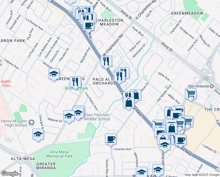 map of restaurants, bars, coffee shops, grocery stores, and more near 4250 El Camino Real in Palo Alto