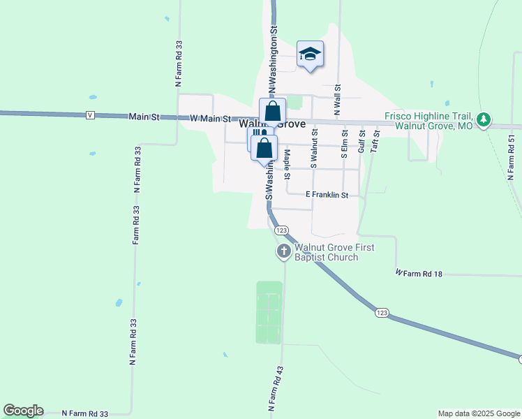 map of restaurants, bars, coffee shops, grocery stores, and more near 409 S Washington St in Walnut Grove