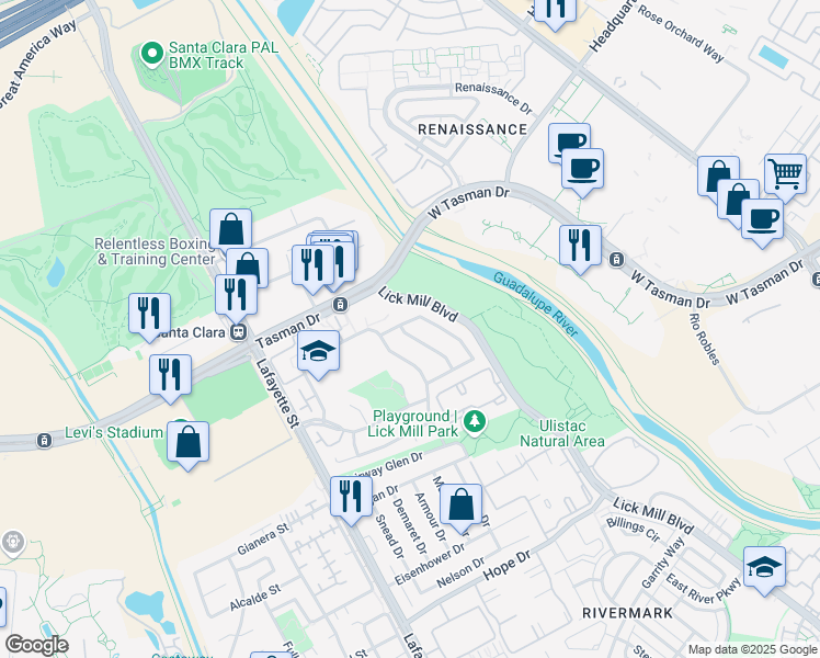 map of restaurants, bars, coffee shops, grocery stores, and more near 5024 Avenida De Lago in Santa Clara