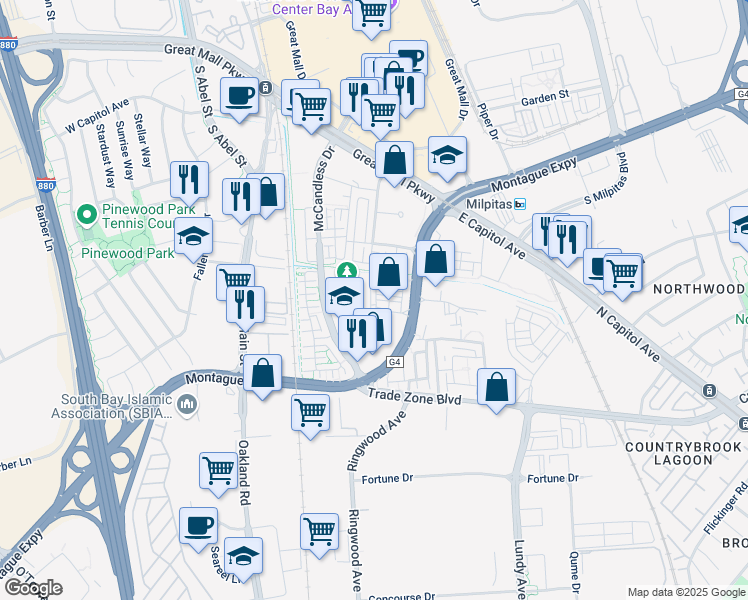 map of restaurants, bars, coffee shops, grocery stores, and more near 1729 Hazelnut Lane in Milpitas