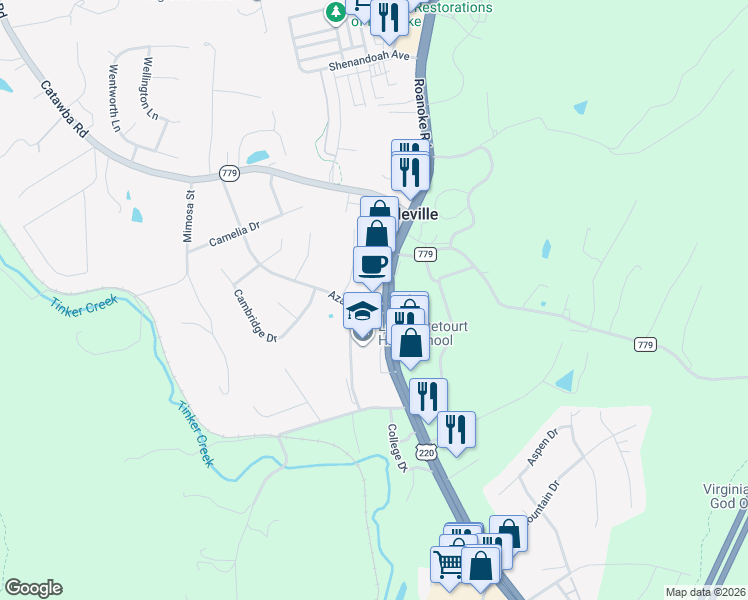 map of restaurants, bars, coffee shops, grocery stores, and more near 1541-1597 Roanoke Rd in Daleville
