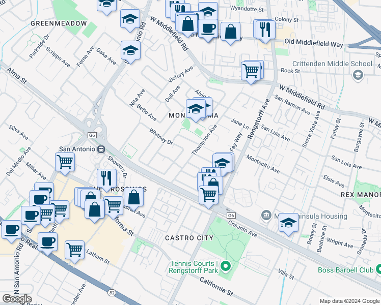 map of restaurants, bars, coffee shops, grocery stores, and more near 258 Thompson Avenue in Mountain View