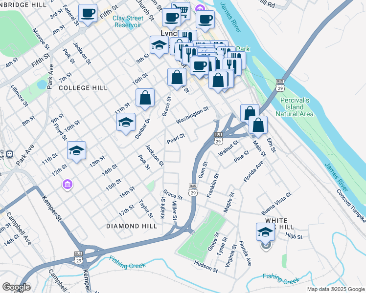map of restaurants, bars, coffee shops, grocery stores, and more near 1516 Locust Street in Lynchburg