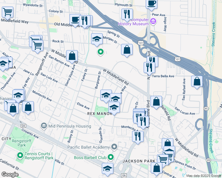map of restaurants, bars, coffee shops, grocery stores, and more near 955 San Ramon Court in Mountain View