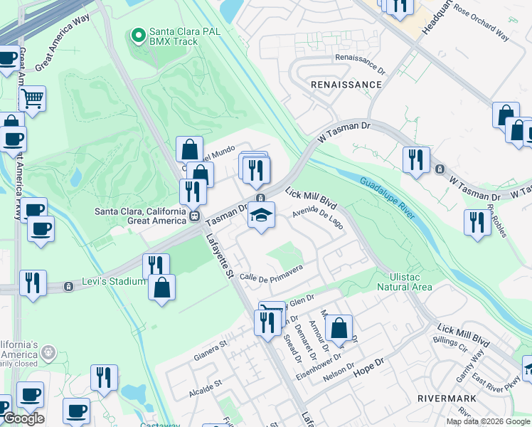 map of restaurants, bars, coffee shops, grocery stores, and more near 5092 Plaza Corona in Santa Clara