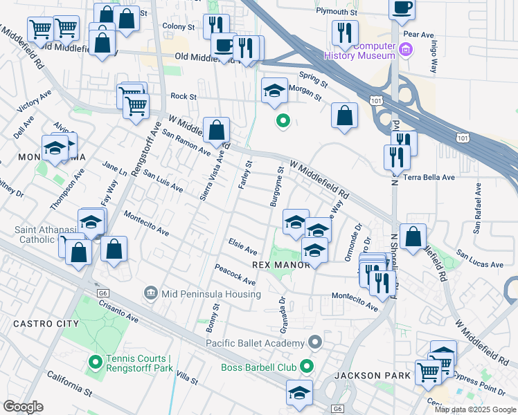 map of restaurants, bars, coffee shops, grocery stores, and more near 1783 Doane Avenue in Mountain View