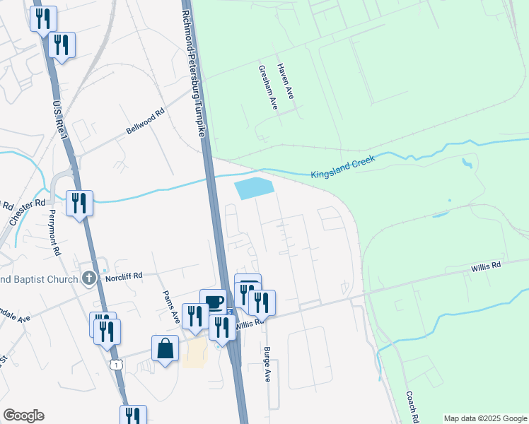 map of restaurants, bars, coffee shops, grocery stores, and more near 8801 Balland Street in Richmond