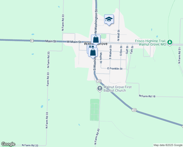 map of restaurants, bars, coffee shops, grocery stores, and more near 409 South Washington Street in Walnut Grove