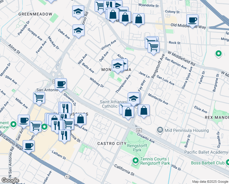 map of restaurants, bars, coffee shops, grocery stores, and more near 258 Thompson Avenue in Mountain View