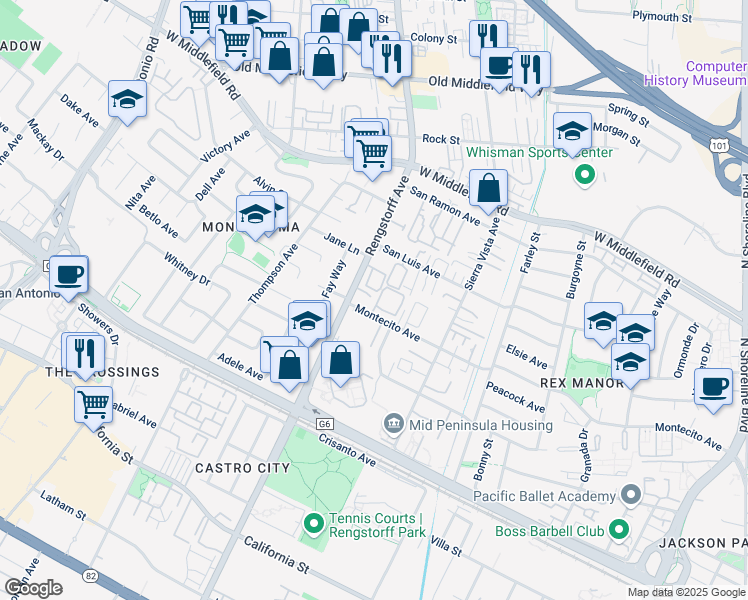 map of restaurants, bars, coffee shops, grocery stores, and more near 323 Serra San Bruno in Mountain View
