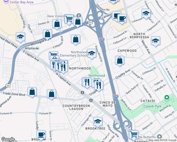map of restaurants, bars, coffee shops, grocery stores, and more near 2015 Lakewood Drive in San Jose