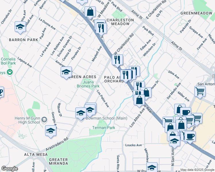 map of restaurants, bars, coffee shops, grocery stores, and more near 4279 Suzanne Drive in Palo Alto