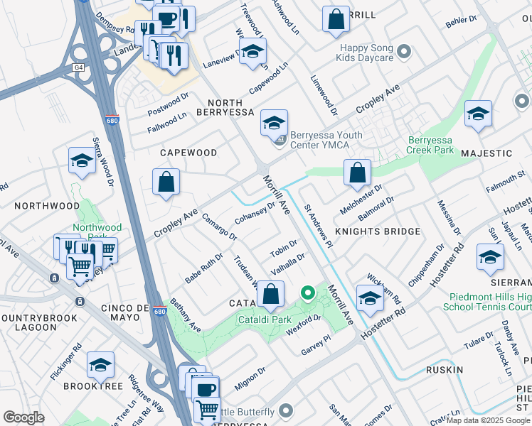 map of restaurants, bars, coffee shops, grocery stores, and more near 2974 Cohansey Drive in San Jose