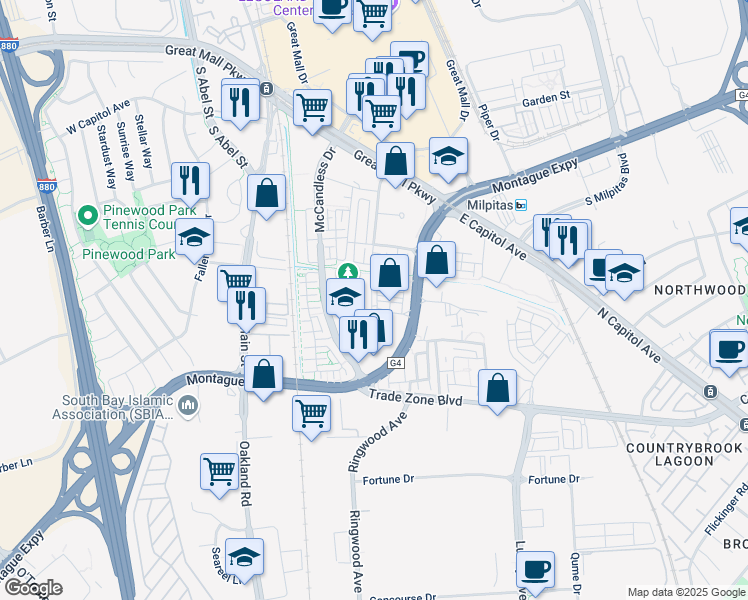 map of restaurants, bars, coffee shops, grocery stores, and more near 1729 Hazelnut Lane in Milpitas